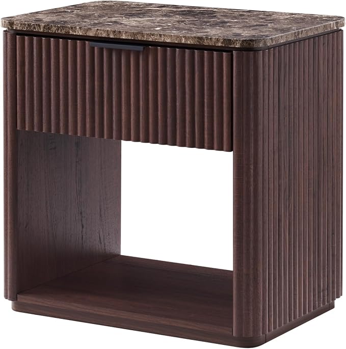 Fluted Nightstand with Faux Marble Top, Modern Bedside Table | FSC-Certified Engineered Wood, 24" H, 1 Drawer and 1 Storage Shelf, Rounded Corner, Metal Handle, for Bedroom, Dark Oak