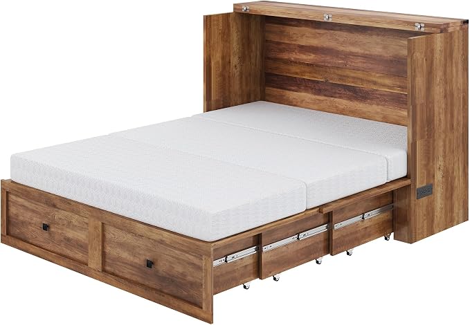 AMERLIFE Full Murphy Bed Cabinet with 6" Tri-Fold Memory Foam Mattress, Storage Drawer & Charging Station, Space-Saving Guest Bed for Home Office, Barnwood