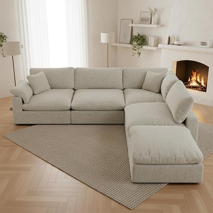 143" Cloud Modular Sectional Sofa,Light Beige Down Filled Sofa 4 Seat with Chaise,Minimalist Sofa Cover Washable and Replaceable Couches for Living Room,Sectional Sofa Deep Seat