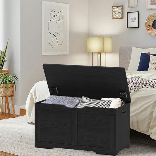 Timberer 31.5" Storage Chest, Wooden Storage Bench, Lift Top Toy Chest with 2 Safety Hinges, Large Toy Box, Entryway Shoes Bench for Living Room, Bedroom, Black