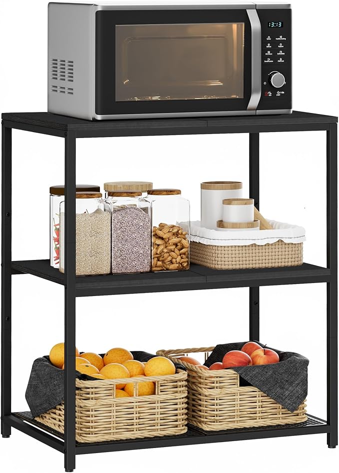 Homleke Kitchen Island with 3 Shelves, Kitchen Shelf with Large Workstation, Bakers Rack, Workbench, Metal Frame, Black
