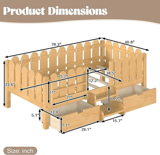 Bellemave Twin Kids Montessori Bed with Stairs, Bookshelf and LED Lights, Solid Wood Kids Bed Frame with Storage Drawers for Boys Girls, Low Profile,Natural