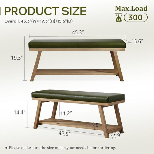 Zihanhome 45" Entryway Bench Upholstered Storage Bench for Bedroom Shoe Rack Bench for Living Room, Hallway, Mudroom, Balcony, Sturdy Indoor Bench Seat Holds Up to 300 lbs (PU-Green)