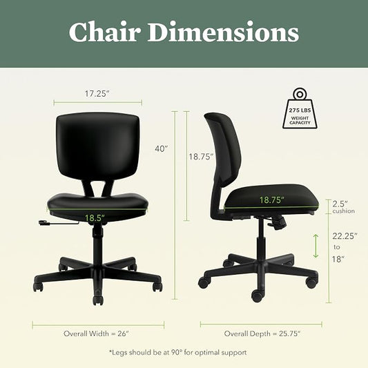 HON Volt Ergonomic Office Chair with Bonded Leather Seat and Back, Armless Desk and Computer Chair with Adjustable Center‑Tilt Recline and Wheels for Home Office or Workstation, Black