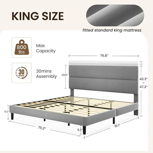 GRUSIGN King Size Platform Bed Frame with Velvet Headboard, Adjustable Height Wooden Slats Support, Upholstered Mattress Foundation, Fits Mattress or Mattress with Box Spring, Easy Assembly, Grey