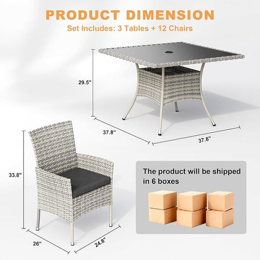 15-Piece Patio Dining Set with Square Tempered Glass Table Patio Furniture Set with 12 Wicker Chairs, Expandable Design for Larger Groups, Outdoor Furniture for Backyard, Deck, Garden, Dark Grey