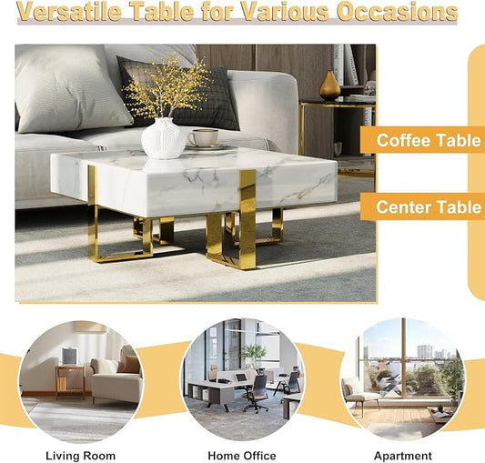 White and Gold Coffee Table, Modern Luxury Square Coffee Table with Faux Marble Tabletop and Polished Stainless Steel Legs for Living Room Apartment Office