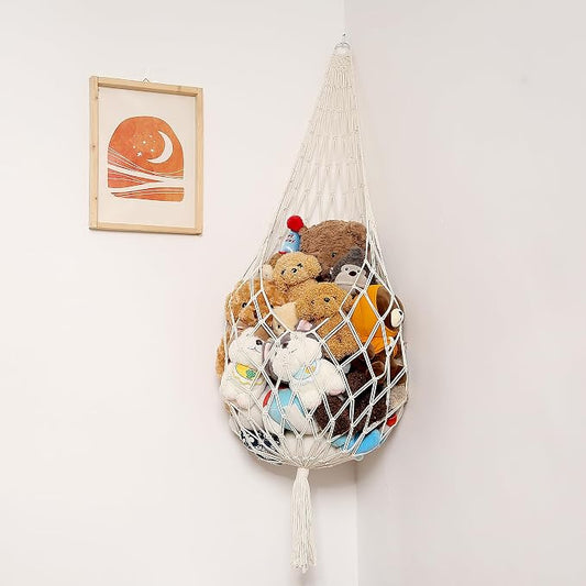 Amdermi Stuffed Animal Hammock Corner, Boho Macrame Plush Toy Storage Net for Wall, Hanging Stuffed Animal Holder for Nursery, Playroom, Kids Room, Cream