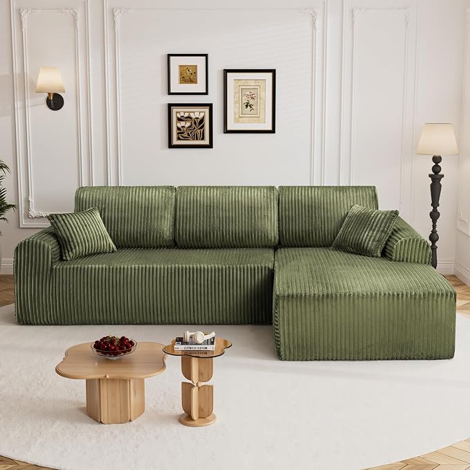 110" L Shaped Boneless Sectional Couches for Living Room, Comfy Corduroy Floor Cloud Sofa with Chaise, Wide Armrest, Deep Seat, Memory Foam, Assembly Free, Ideal for Small Spaces, Green