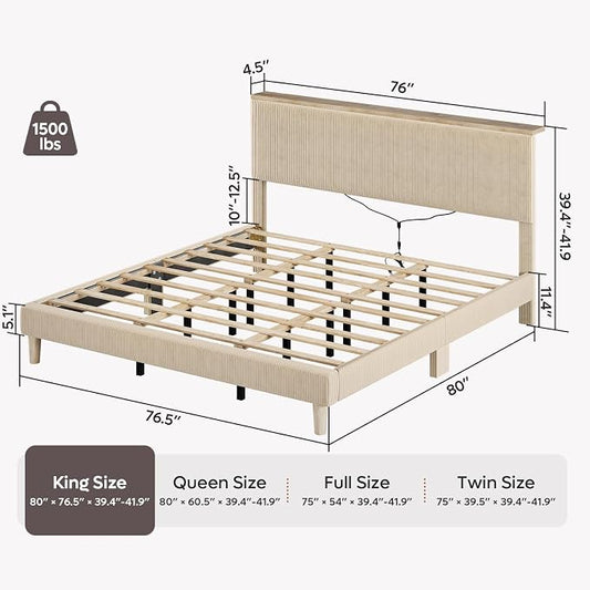Bestier King Bed Frame with Adjustable Headboard & LED Lighting, Corduroy Upholstered Platform Bed Frame with Storage Shelf, Solid Wood Slats, No Box Spring Needed,Never Squeak, Easy Assembly, Taupe