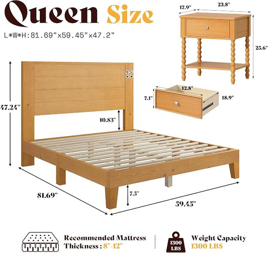 AMERLIFE 3 Piece Queen Bedroom Set, Solid Wood Platform Bed Frame & Nightstand Set of 2, Mid Century Modern Wooden Bedroom Furniture Set, No Box Spring, Noise-Free, Natural