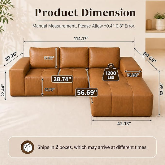 114” Boneless Sectional Couches for Living Room, Brown Cloud Faux Leather Couch in a Box, Modular Sectional Sofas for Living Room, L Shaped Couch with Chaise, Memory Foam Deep Seat,Right Chaise