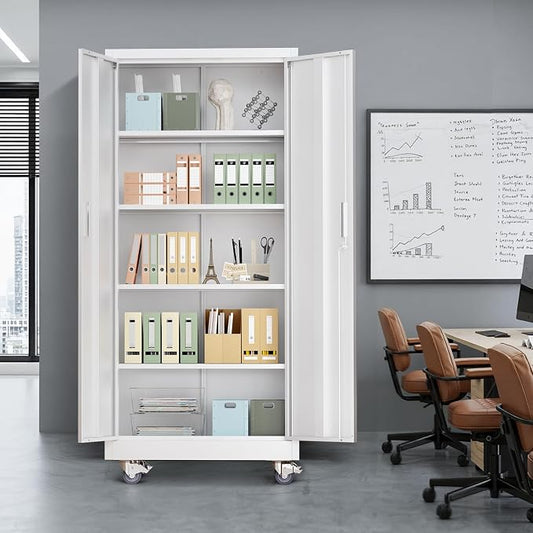 VINGLI Rolling Metal Storage Cabinet with Adjustable Shelves, 71'' Tall Garage Storage Cabinet with Wheels, Locking Tool Cabinets for Home Office Garage Gym School (White)