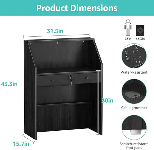 Small Black Reception Desk with Counter and Lock & Drawer for Salon 31.5 Inch Front Table Modern Standing Receptionist Room Tables Checkout Counter for Retail Store, Spa, Office