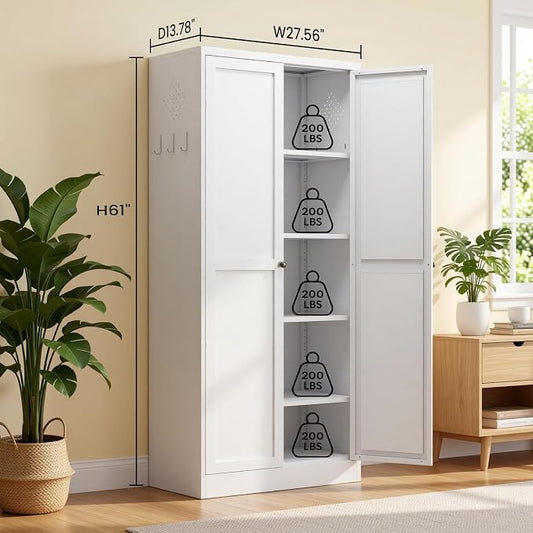 Metal Storage Cabinet, 61" Tall Kitchen Pantry Cabinet with 2 Doors and 4 Adjustable Shelves, White Steel Storage Cupboard for Dining, Office, Living Room, Bathroom