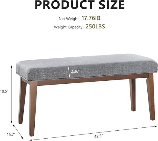 kinmars Upholstered Bench for Bedroom End of Bed,42.5-inch Entryway Bench for Living Room,Dining Bench with Padded Seat and Solid Wood Leg for Kitchen Bedroom,Indoor and Hallway (Bench, Grey)
