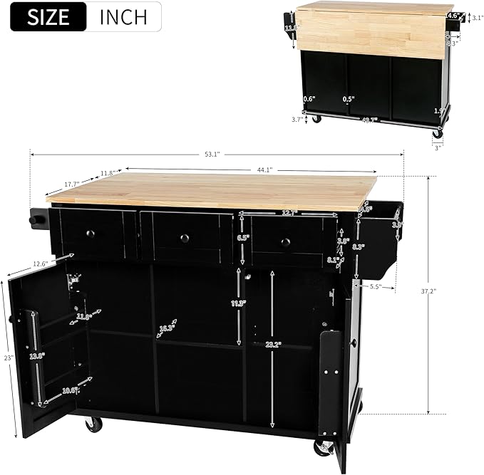 Large Kitchen Island with Rubber Wood Drop Leaf, Rolling Kitchen Cart with Ample Storage on Wheels with Doors and Drawers for Dining Room (Modern Black, Black Handle, 53Inch)