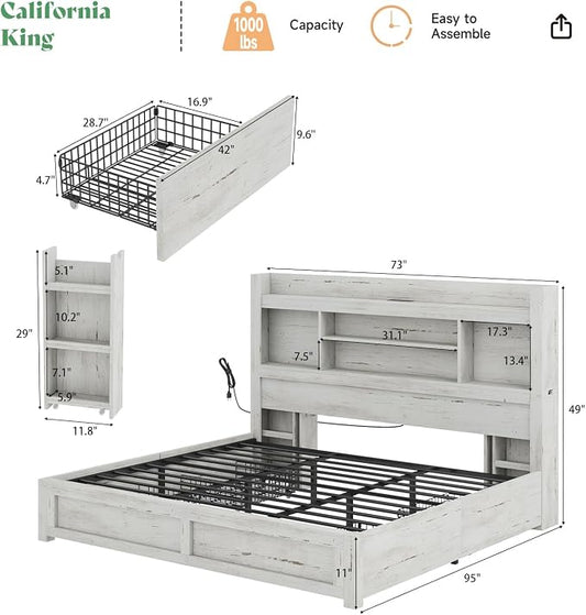 AMERLIFE California King Size Bed Frame with 4 Storage Drawers, LED Bed Frame with 49.6" Tall Bookcase Headboard, Wood Platform Bed with Charging Station & 2 Slide Bedside Shelf, Distressed White