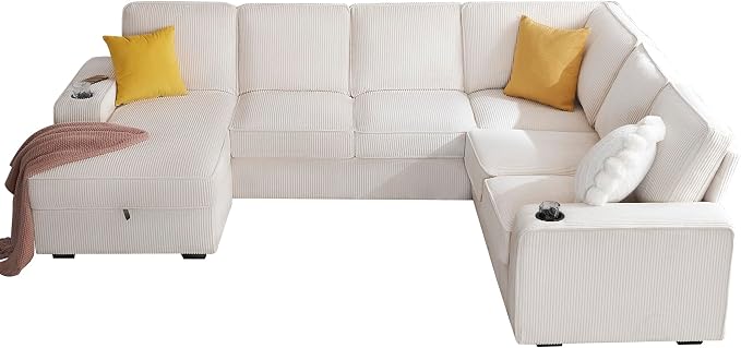 AMERLIFE 112 Inch U Shaped Couch, Oversized Couch with Storage Chaise & Cup Holders, Sectional Sofa with USB & Type-C Charging Ports, Corduroy Beige