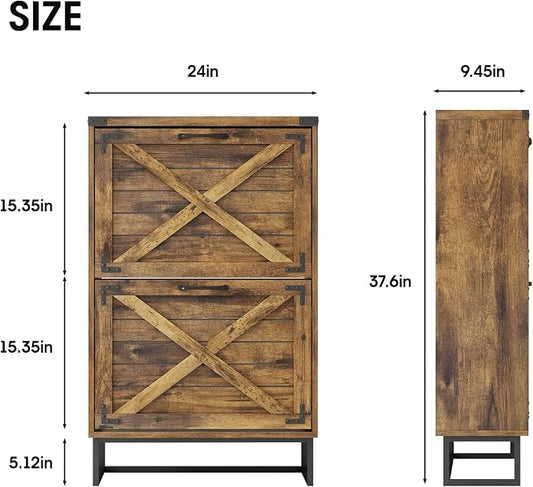 Maupvit 24" W Farmhouse Shoe Cabinet Storage for Entryway, Freestanding Organizer with 2 Flip Drawers, Narrow Shoe Rack Cabinet with Metal Corner Decoration, Rustic Brown