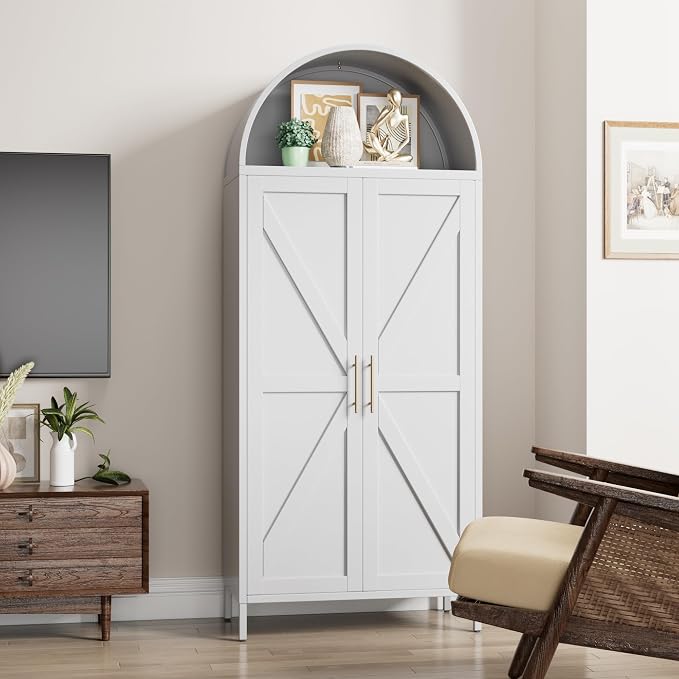 Metal Kitchen Pantry Cabinet, Arched Freestanding Storage Cupboard with Doors and 7 Shelves for Dining Room Coffee Bar, Assembly Required, White, 72.8" H x 30.7" W x 15.4" D
