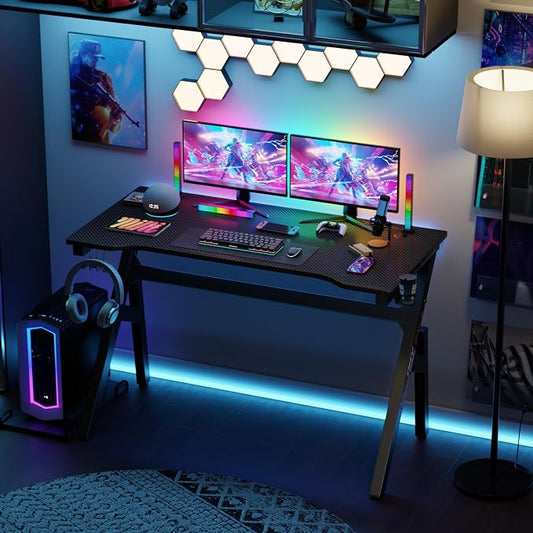 BestOffice | 47" Gaming Desk | Black & Red | Carbon Fiber Textured Computer Desk | Sturdy Steel Frame,Cup Holder, Headphone Hook, Cable Management Holes, Adjustable Leg Pads | for Gamers,Home,Office