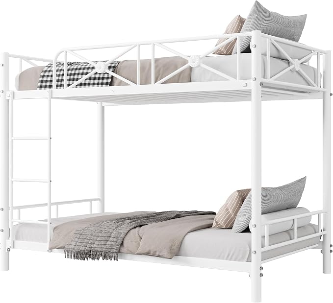 Garvee Metal Bunk Bed Twin Over Twin, Industrial Bunkbeds Heavy Duty Bed with Safety Guard Rails and Space-Saving Design, Steel Bed for School, Bedroom, White