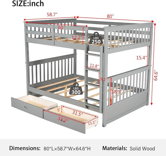 Merax Wood Bunk Bed with Drawers,Convertible Wood Bunk Bed with Ladders and Two Storage Drawers,Solid Wood Detachable Bed Frame with Ladders,Full Over Full,Grey