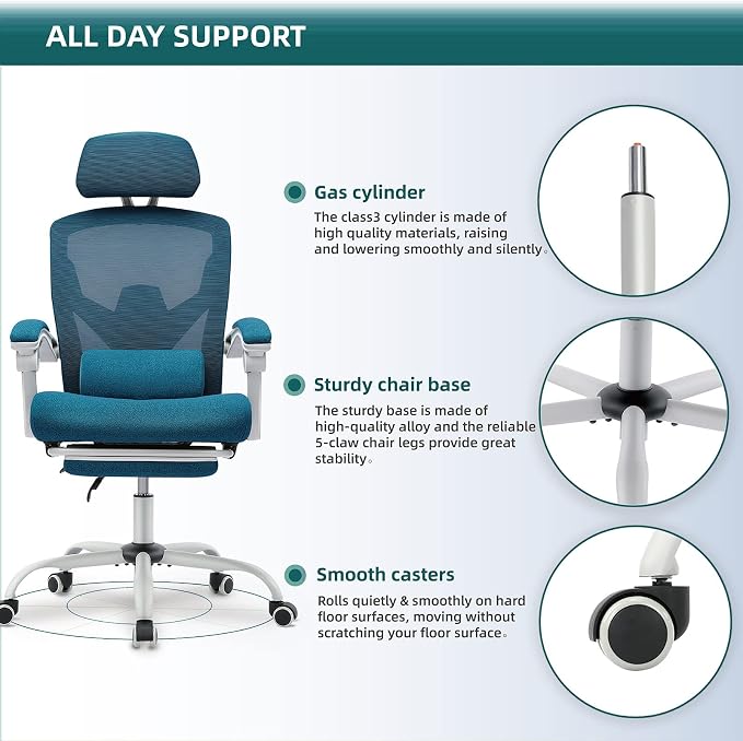 DUMOS Home Office Desk Chair with Footrest, High-Back Mesh Rolling Swivel Reclining Chairs with Wheels, Comfortable Headrest, Lumbar Support, Comfy Arms for Home, Office, Gaming, Student, Elegant Blue