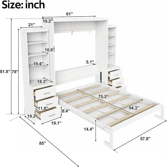 Murphy Bed Full Size,Murphy Bed with Storage Shelves and Drawers,Wall Bedframe w/Wood Slatk,can be Folded,No Box Spring Needed,for Bedroom Apartment,White