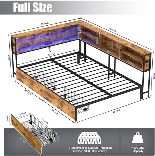 KEIKI Full Size Corner Bed Frames with Storage Drawers, Charging Station, Led Light & Bookcase Headboard, Wooden & Metal L-Shaped Captain Daybed for Small Room, Bedroom, Guest Room, kids'Room, Brown