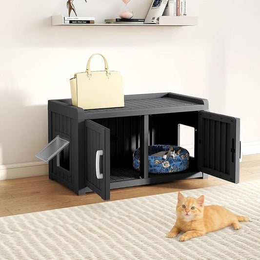2 Doors Shoe Storage Bench - 2 Side Door Hidden Furniture Cabinet with Storage, Waterproof Entryway Bench with Seat for Indoor Outdoor, Outdoor Shoe Bench for Bedroom, Hallway, Black