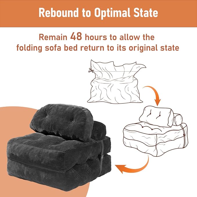 Folding Sofa Bed, Convertible Sleeper Chair with Back Support and Pillow Futon,Boneless Foldable Couch for Living Room/Guest Use/Home Office, Foldable Chair Bed for Adults, Dark Gray