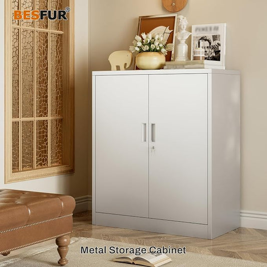 BESFUR Metal Storage Cabinet, Garage Storage Cabinet with 2 Adjustable Shelves, Locking Short Storage Cabinet for Office Garage Home, White Metal Cabinets (36" H x 31.5" W x 16" D)