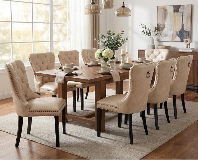 CIMOTA Beige Leather Dining Chairs Set of 8 Mid Century Modern Dining Room Chairs Tufted Upholstered Kitchen Dining Chairs Comfortable Side Chairs with Nailhead Trim/Ring Back (PU /8PCS)