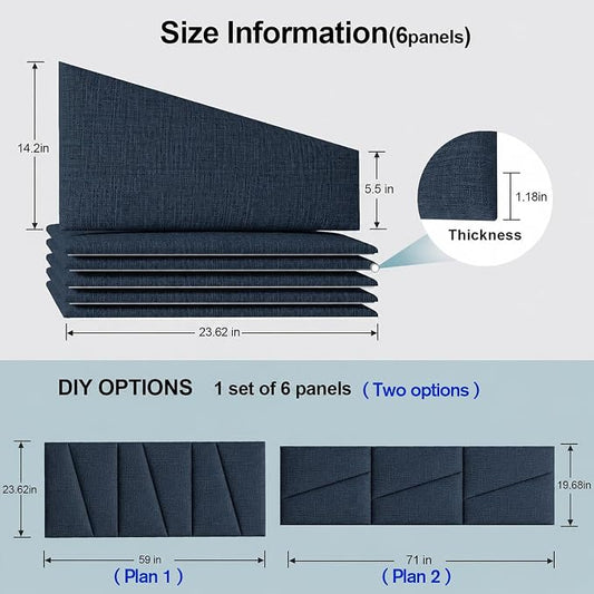 Peel and Stick Headboard Panels for Bed,Soft Padded Fabric Noise-Reducing Panels with Modern Stylish Design for Bedroom Decor (Dark Blue, Queen)