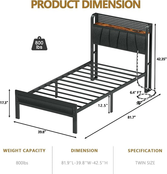 Furnulem Twin Bed Frame with LED Light and Charging Station, Grey Upholstered Storage Headboard with Shelf, Metal Platform Bed with Heavy Duty Slats, No Box Spring Needed, Noise Free & Easy Assembly