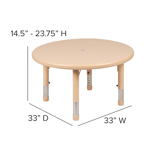 EMMA + OLIVER 33" Round Natural Plastic Height Adjustable Activity Table - School Table for 4