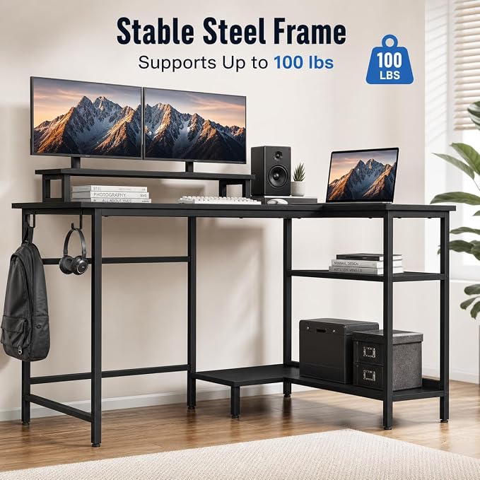 DEVAISE Compact 43" L Shaped Gaming Desk with LED Lights and Power Outlets - Corner Computer Table with Monitor Stand and Storage Shelves for Work and Gaming, Black