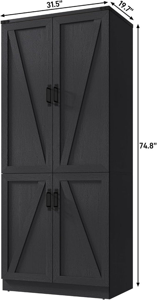 Hlivelood 75" Tall Farmhouse 2 Doors Armoire Wardrobe Closet with LED,Freestanding Closet Wardrobe Cabinet for Bedroom with Hanging Rod,Wooden Armoire Storage Cabinet with Adjustable Shelves(Black)