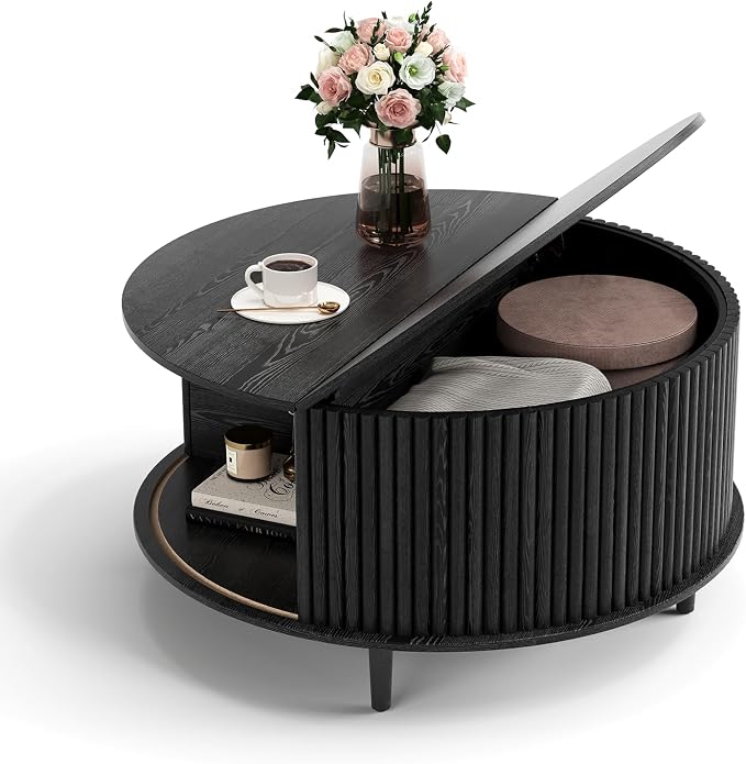 Round Coffee Table with Storage, 31.5" Modern Coffee Table with Sliding Door & Solid Wood Legs, Minimalist Fluted Center Table for Living Room, Home Small Space, Black