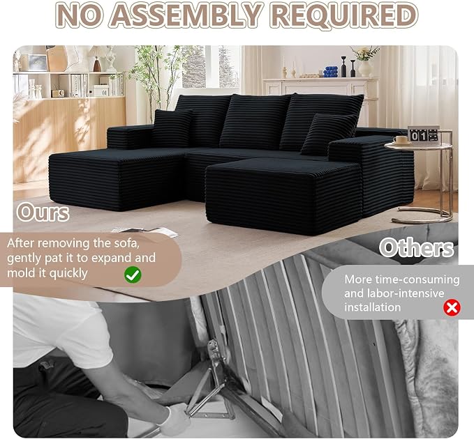 107" Cloud Modular Sectional Couches, Modern Convertible U Shaped Couch, 3 Seat Corduroy Comfy Deep Seat Sectional Sofa Oversize Deep Seat Sofa