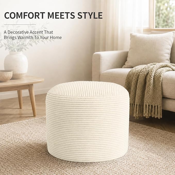 Stuffed Pouf Ottoman Foot Rest with 2.8-inch Solid Foam Base | Odorless Filling Resists Clumping, Washable Corduroy Cover, Round Foot Stool for Living Room Couch Lounging and Home Decor