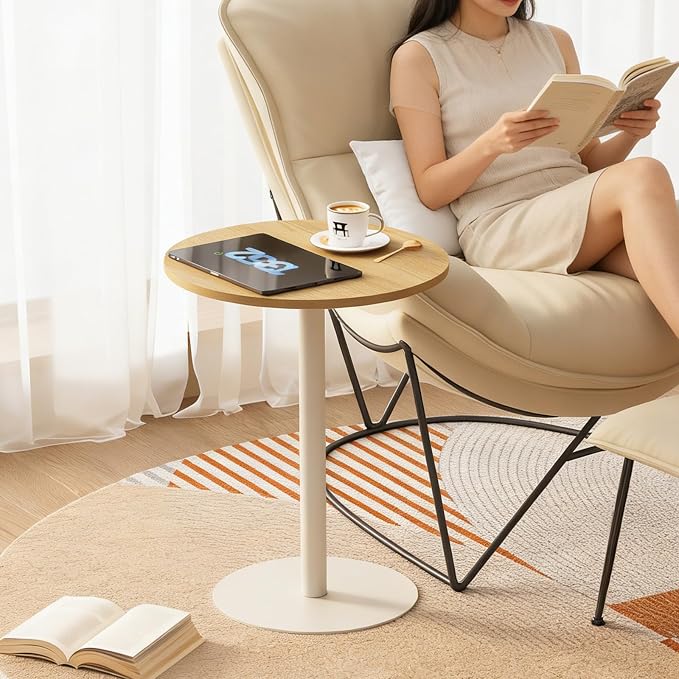 Round Side Table, C Shaped End Table for Small Spaces, Snack Sofa Table for Couch, Modern Accent Night Stand with Metal Leg for Living Room, Bedroom, Corners and Office(Rustic Oak)