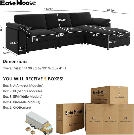 EASE MOOSE Black Modular Sectional deep Sofa, Modern Comfty Large L Shape Sectional Deep Couch with Ottoman, Oversized Modular Sofa for Living Room