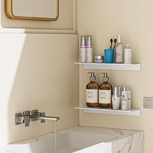 HNVNER 2-Piece Glossy White Metal Floating Shelves - Aluminum Alloy Wall Mounted Shelf No Drilling, Rust-Proof, 15.7" Width for Home Decor & Storage in Living Room, Bedroom, Bathroom
