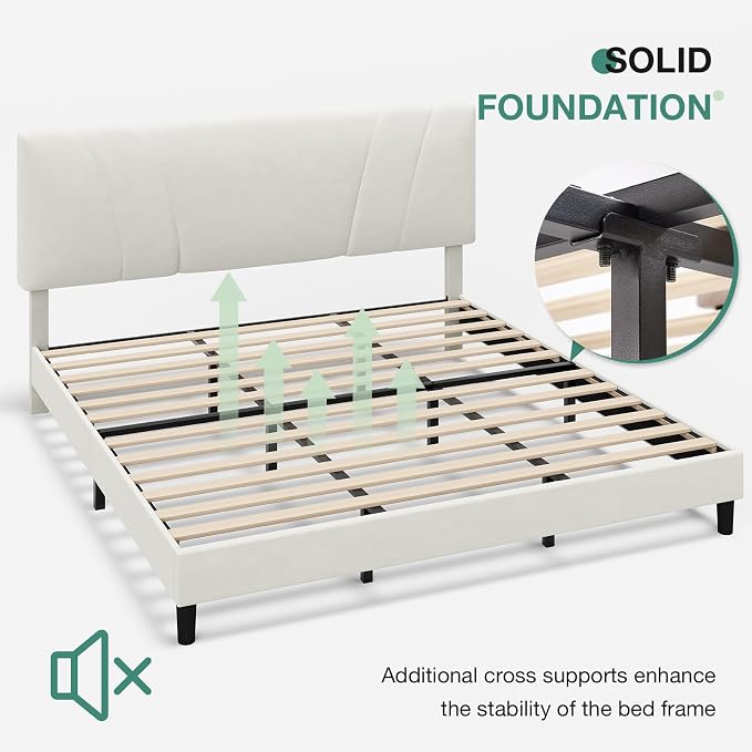 Novilla King Bed Frame and Headboard, King Bed Frame, Velvet Upholstered Bed Frames, No Box Spring Needed, Heavy Duty Feet, Easy Assembly, White Velvet