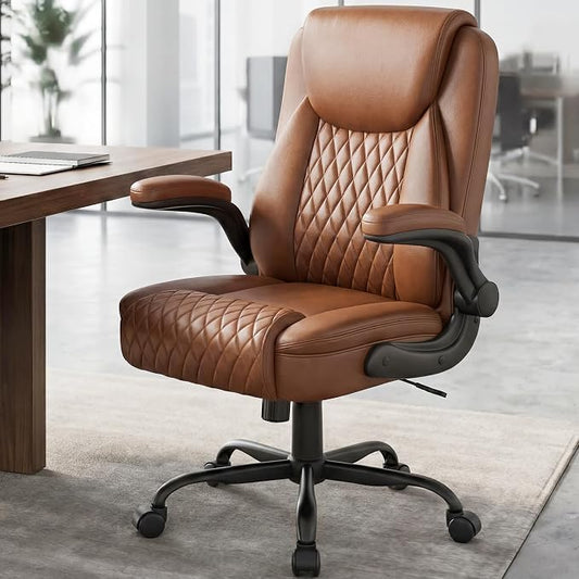 GTPOFFICE Executive Office Chair with Comfortable Lumbar Support, Ergonomic Gaming Chair with Flip-up Armrests & Zoned Pressure-Relief Cushion, Comfy PU Leather Desk Chair, Brown