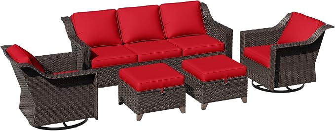 5 Pieces Patio Conversation Furniture Set - 1 Sofa, 2 Swivel Chairs, 2 Ottomans, Outdoor Wicker Furniture with Removable Cushions for Porch, Balcony, Sunroom (Red)