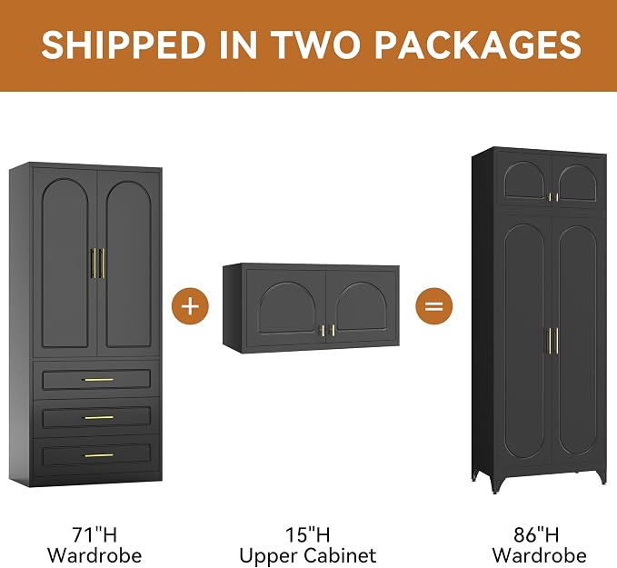 Polup Metal Armoire Wardrobe Closet, 86 Inch Tall Freestanding Wardrobe Cabinet with Hanging Rod, Bedroom Armoires with Doors, 18" D x 32" W x 86" H, Black, Assemble Required, Shipped in Two Packages